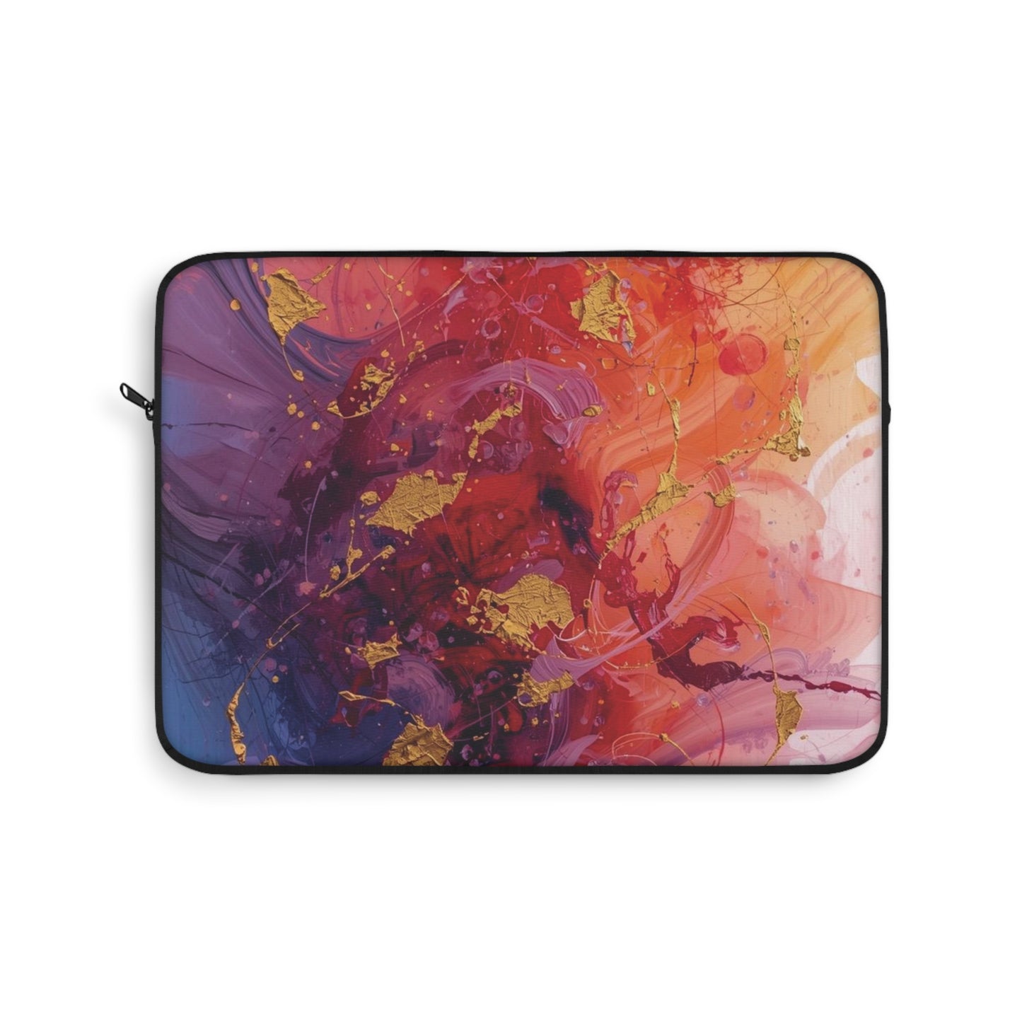 Colorful abstract laptop sleeve with gold accents on a white background