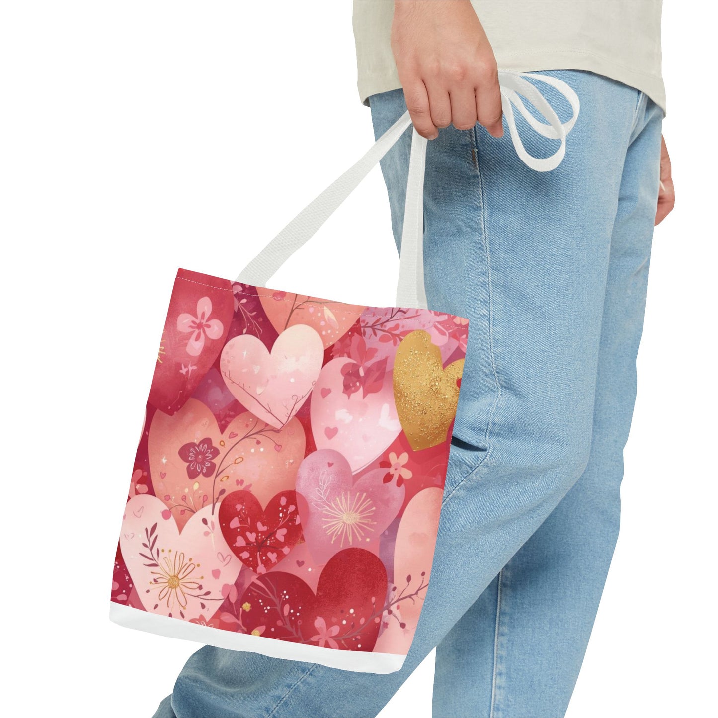 Heart Pattern Tote Bag — Pink Floral Valentine All-Over Print