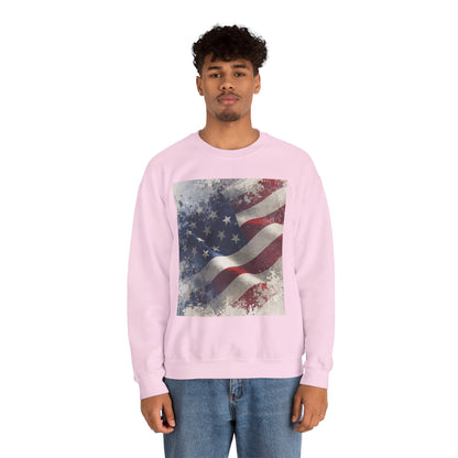 Man wearing a pink sweatshirt with a vintage American flag design on a white background