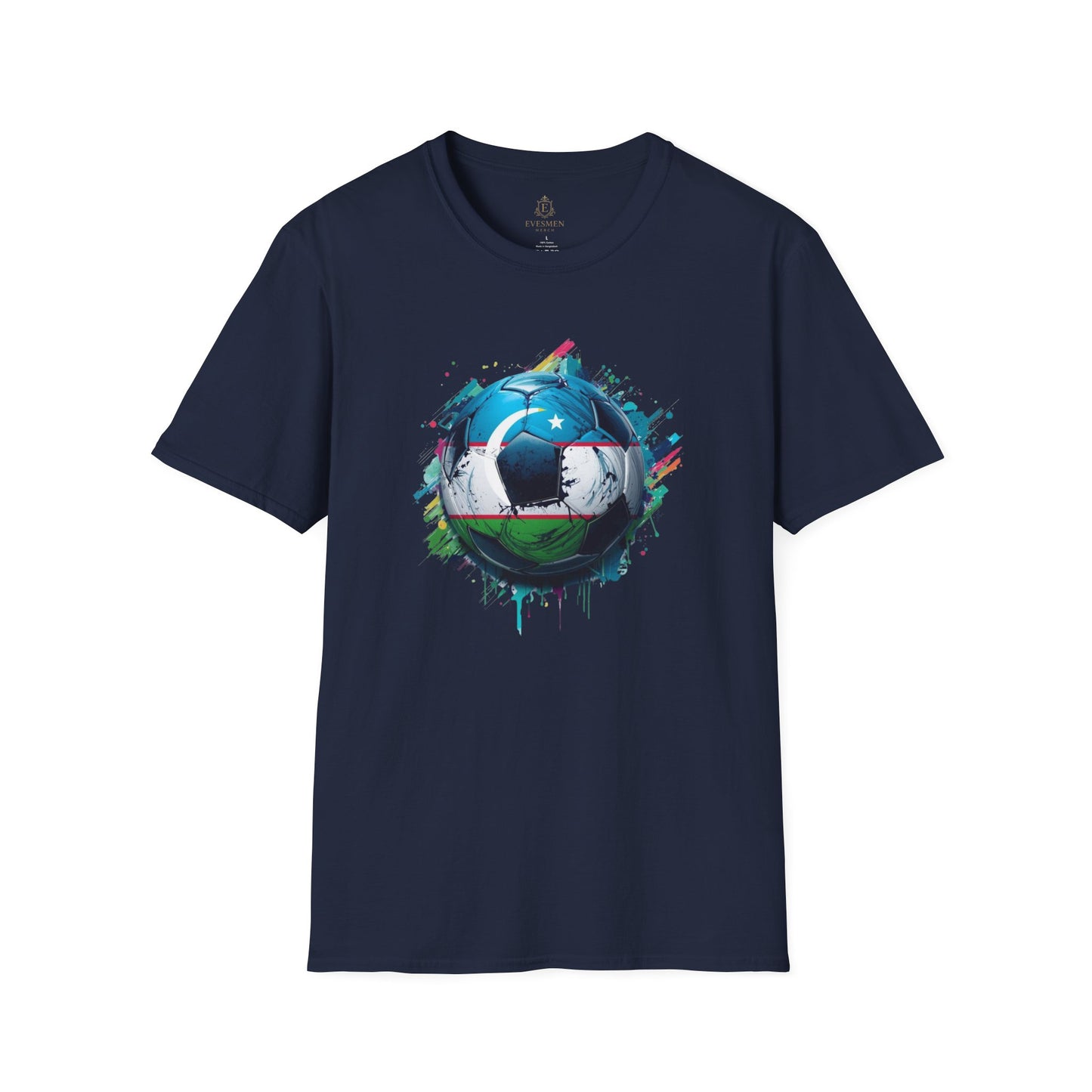 Uzbekistan Football Flag Splatter T-Shirt Abstract Crescent Moon Design Tee