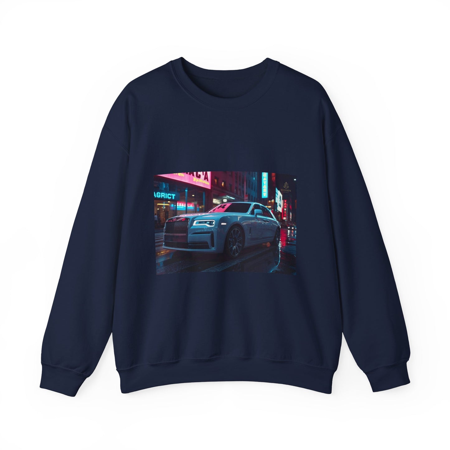 Navy blue sweatshirt with a car and neon lights graphic on a white background