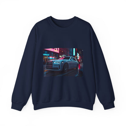 Navy blue sweatshirt with a car and neon lights graphic on a white background