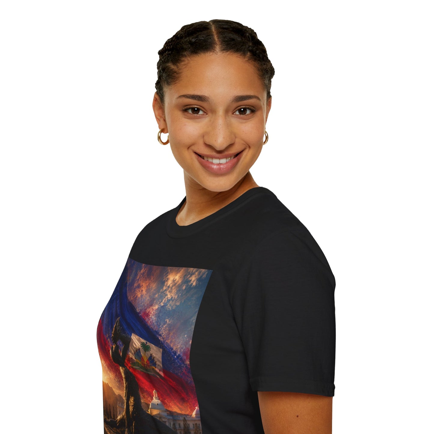 Haitian "Marron Inconnu" Sculpture T-Shirt — Spirit of Freedom & Flag Fan Tee