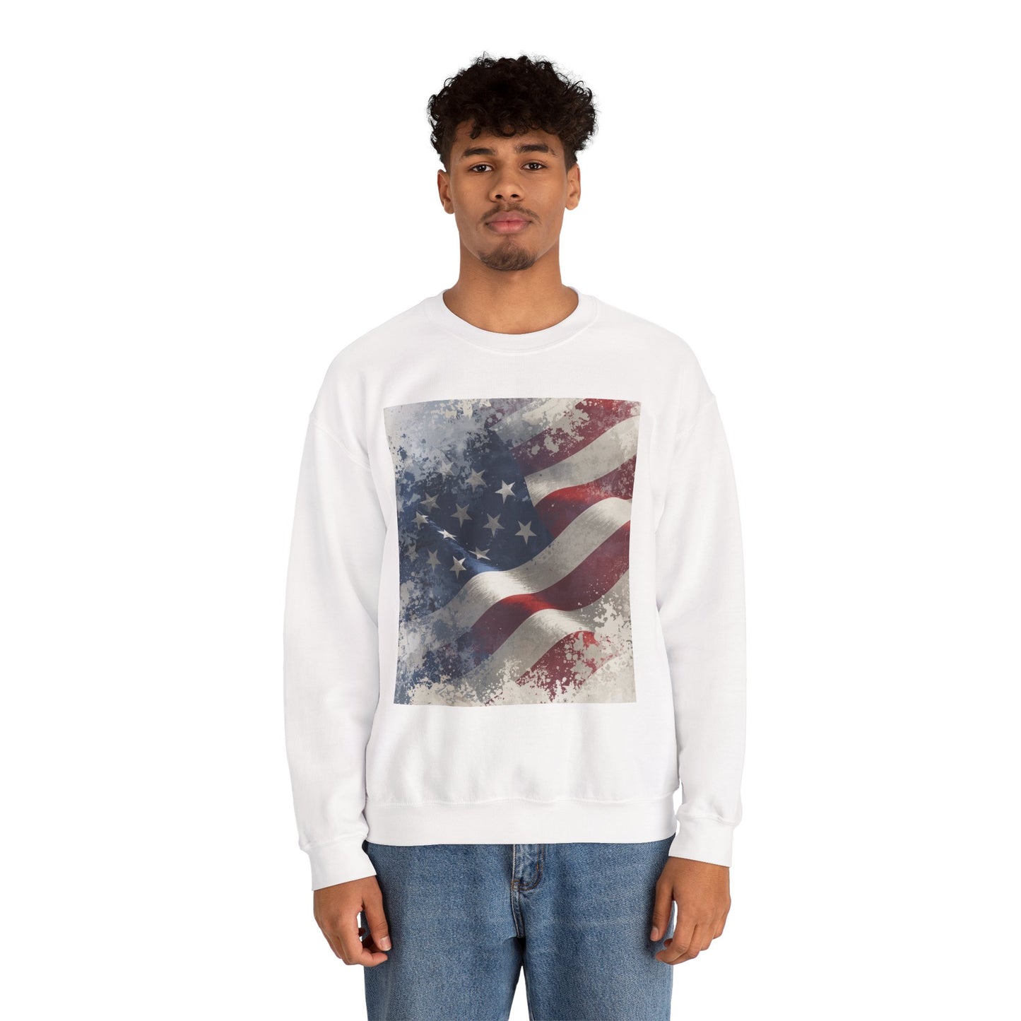 Man wearing a white sweatshirt with a vintage American flag design on a white background