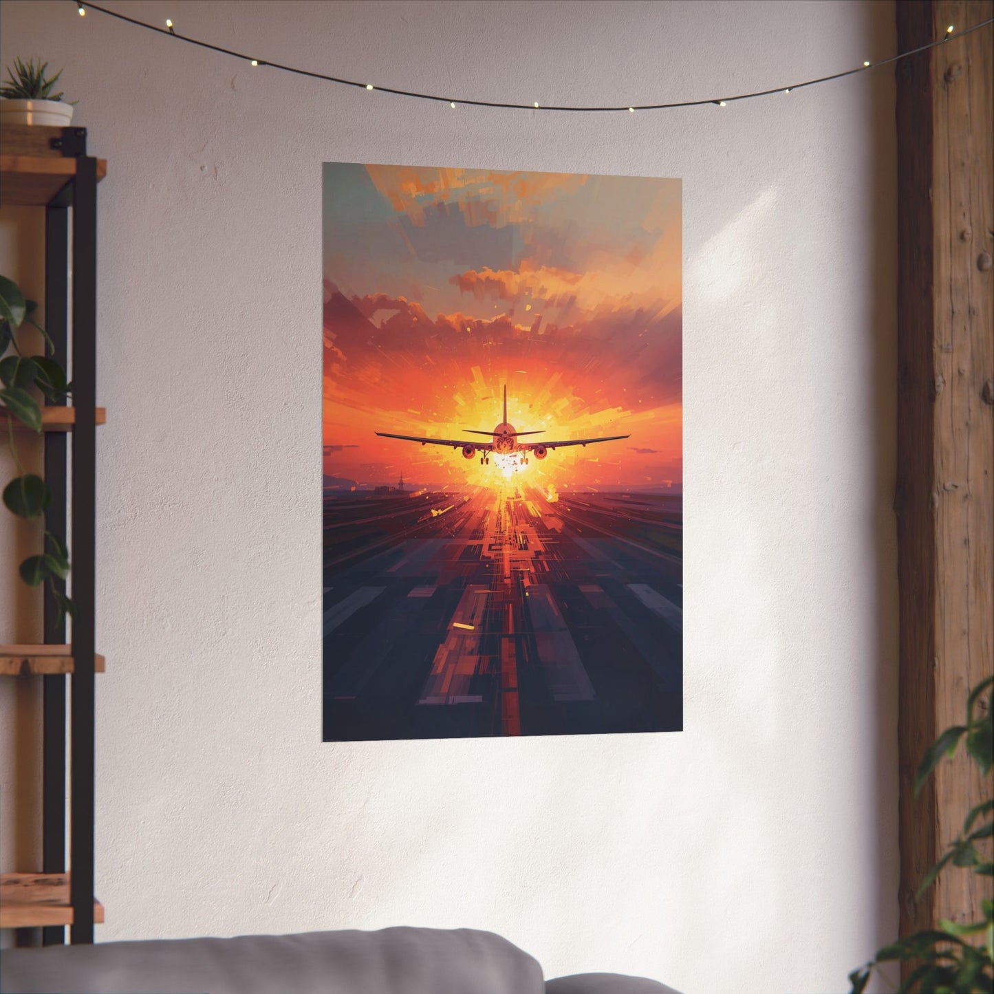 Poster of an airplane taking off at sunset hangs on a wall in a room with a plant and shelf.