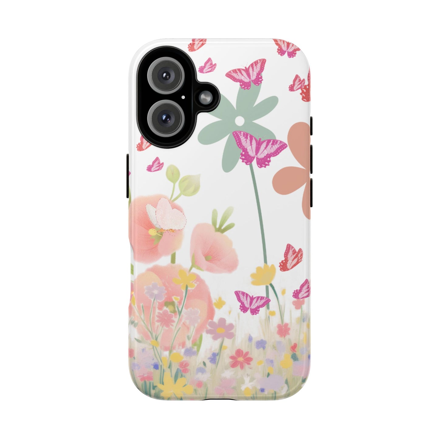 Phone case with floral and butterfly design on a white background