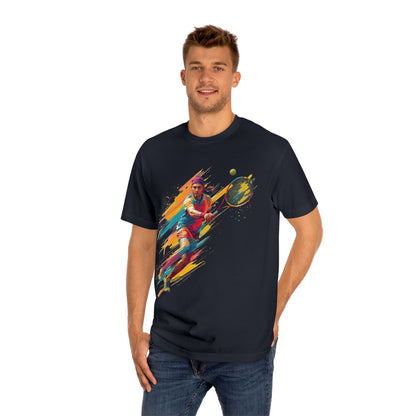 Tennis Player Graphic Tee — Colorful Action Racquet Design Shirt
