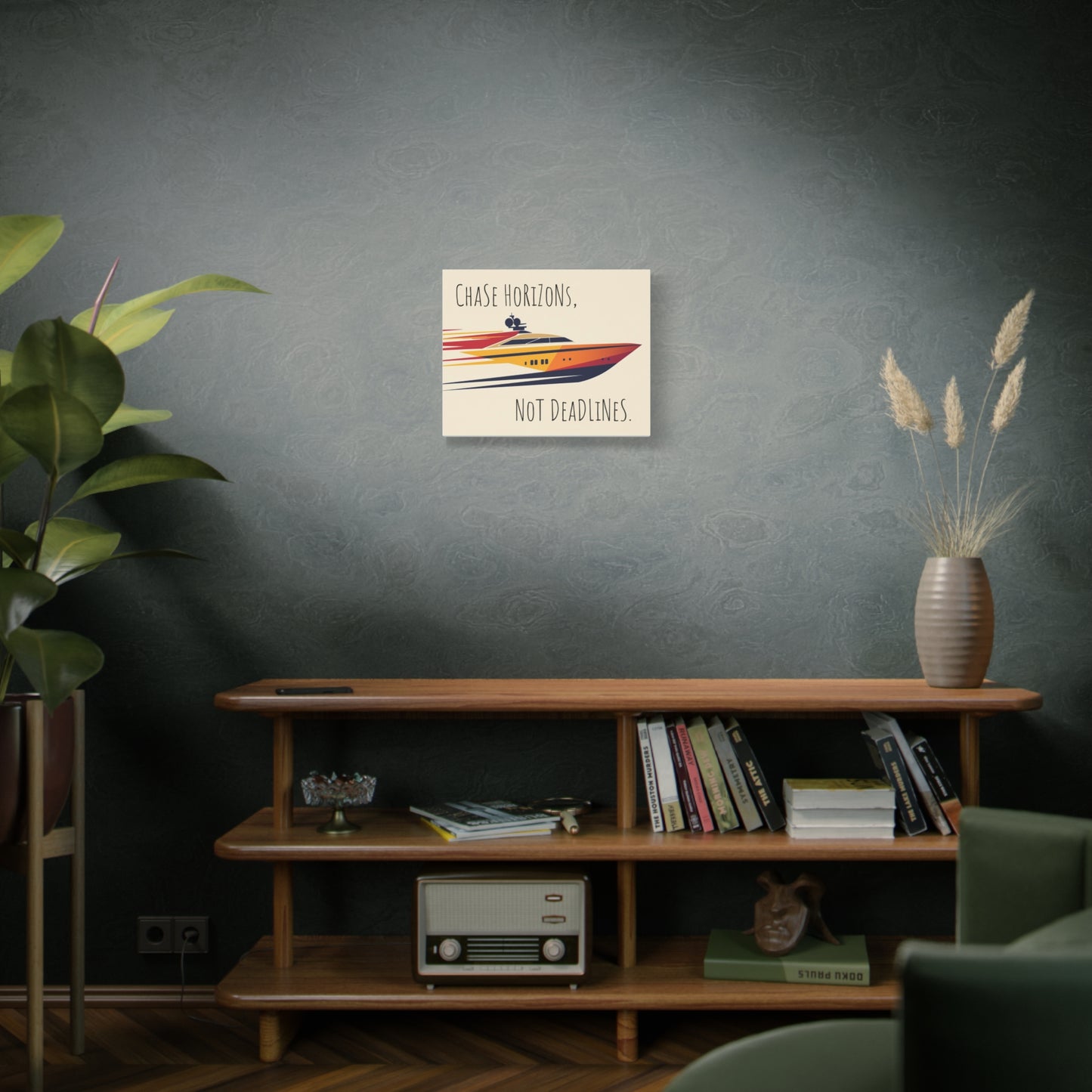 Decorative wall art with a boat on a shelf in a room with a plant and vase.