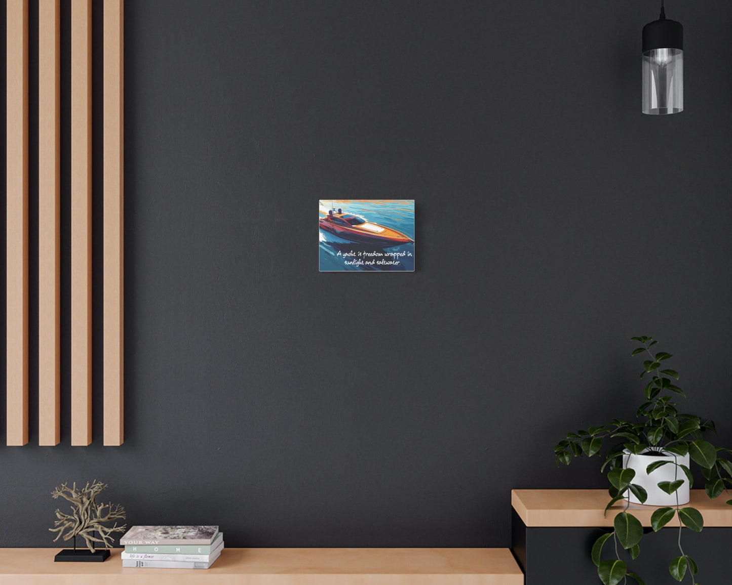 Yacht canvas wall art ion a Modern interior dark wall, wooden shelf, and decorative items.