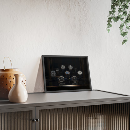 Framed artwork on a shelf with decorative items and a plant in the background