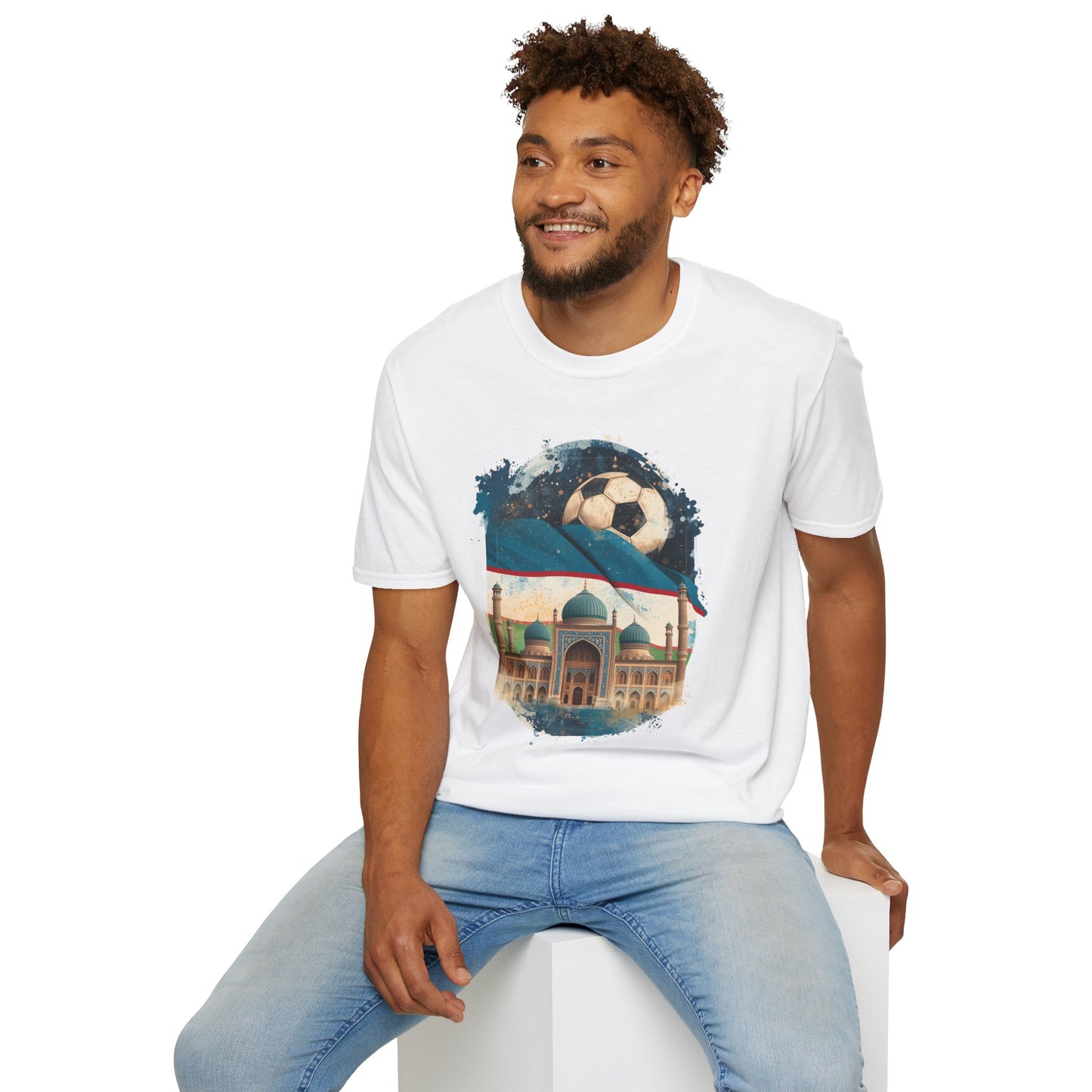 Uzbekistan Football Pride T-shirt Historic Madrasa and Vintage Soccer Ball Tee