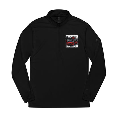 Black pullover with a small colorful graphic on the chest against a white background