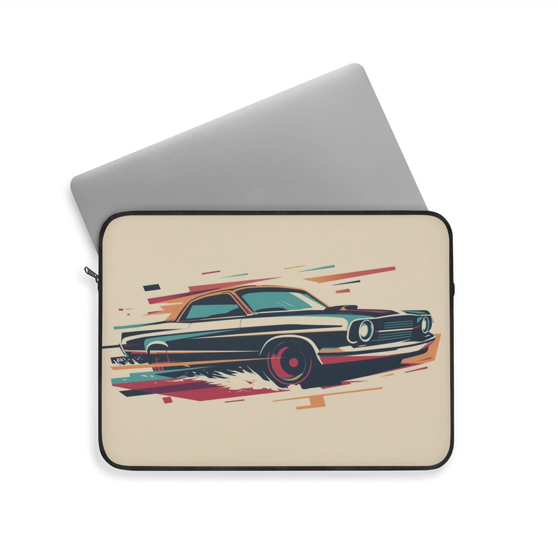 Laptop sleeve with classic car design on a beige background