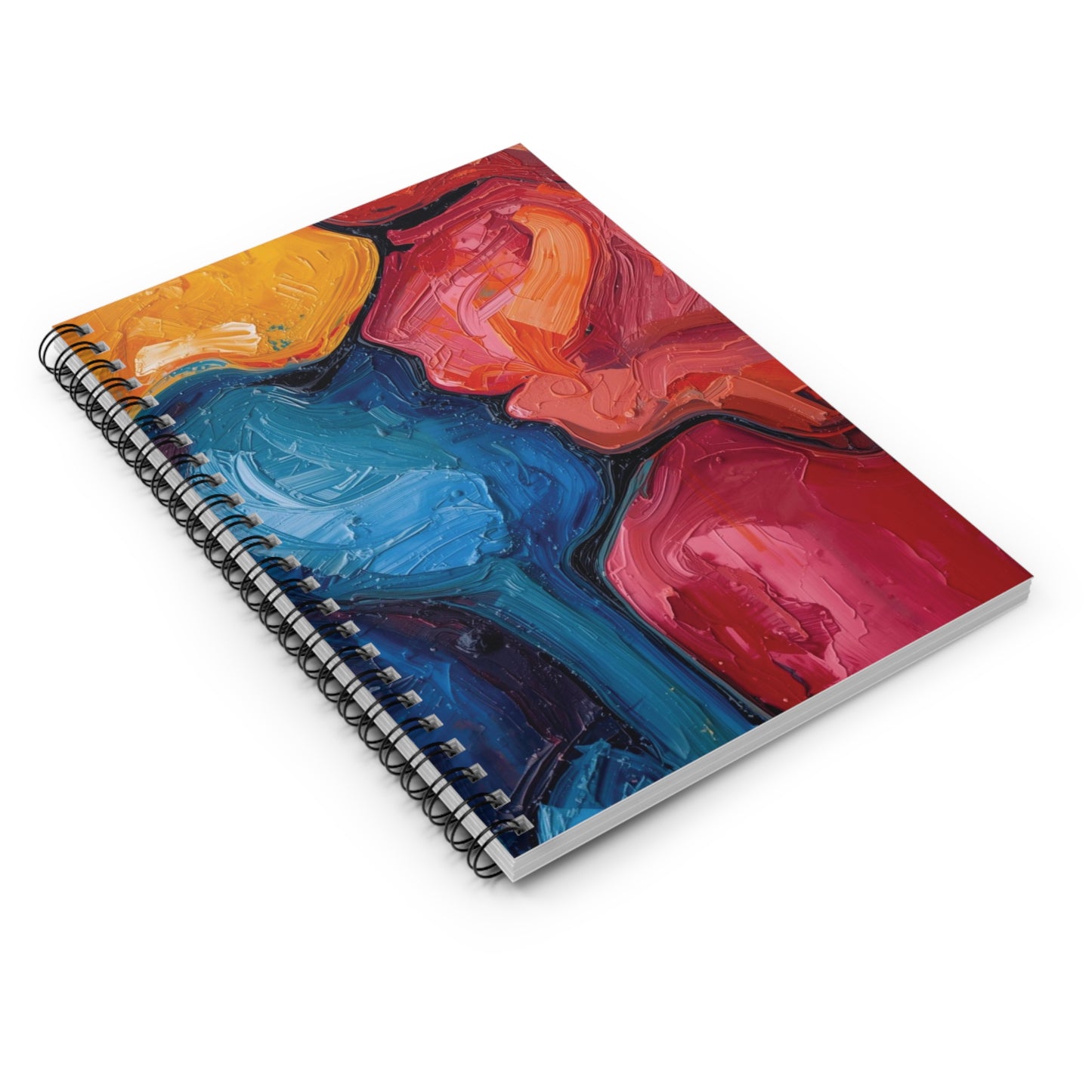 Spiral-bound notebook with a colorful abstract design on a white background
