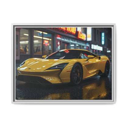 White framed Yellow sports car on a city street at night with neon signs in the background