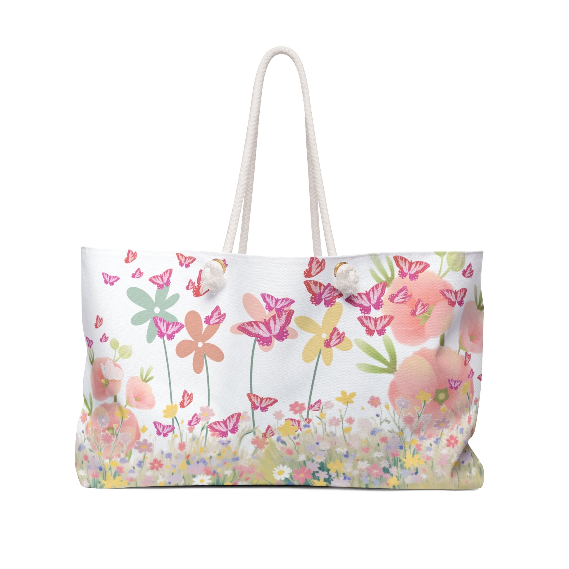 Floral patterned bag with pink flowers and butterflies on a white background
