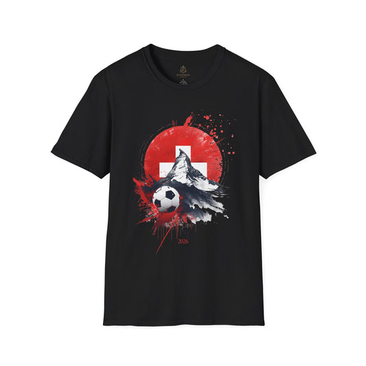 Swiss Flag Soccer T-Shirt with Grunge Paint Splatter and Alps Peak Design Tee