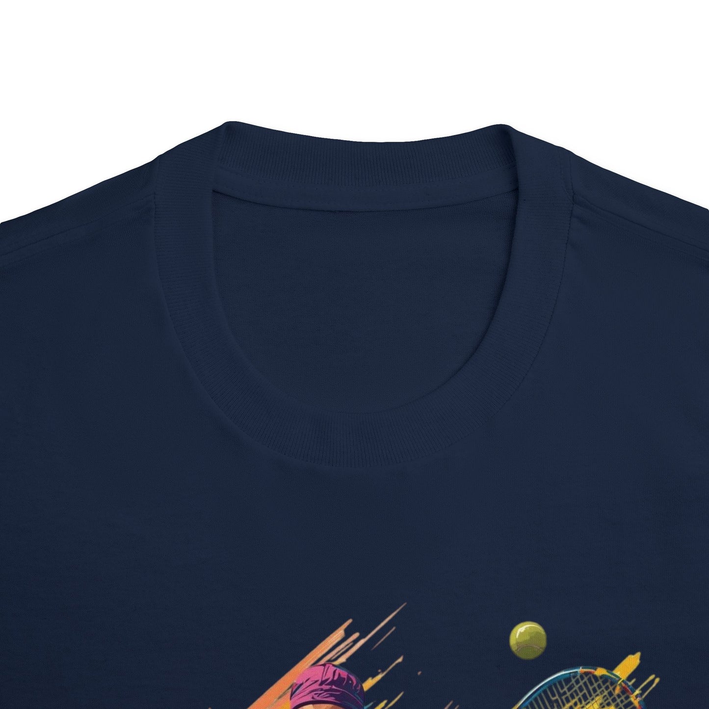 Tennis Player Graphic Tee — Colorful Action Racquet Design Shirt
