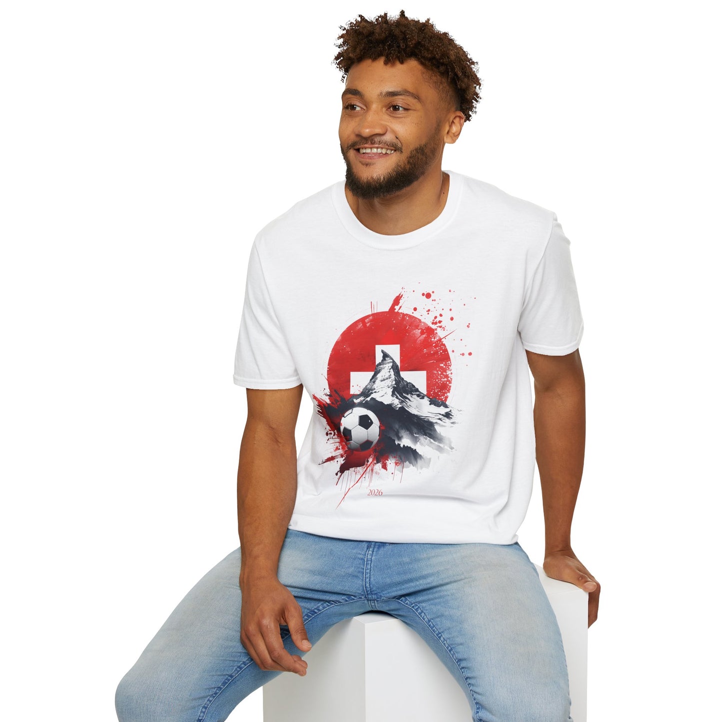 Swiss Flag Soccer T-Shirt with Grunge Paint Splatter and Alps Peak Design Tee
