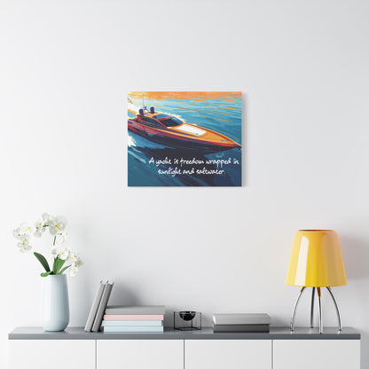 Yacht canvas wall art on a white wall above a shelf with decor items.