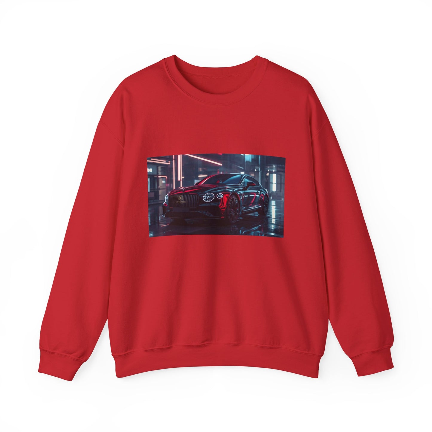 Red sweatshirt with a graphic of a car on a white background