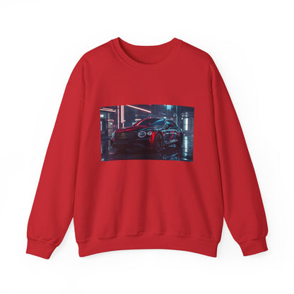 Red sweatshirt with a graphic of a car on a white background