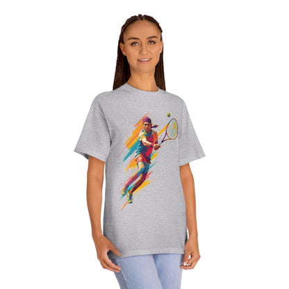 Tennis Player Graphic Tee — Colorful Action Racquet Design Shirt