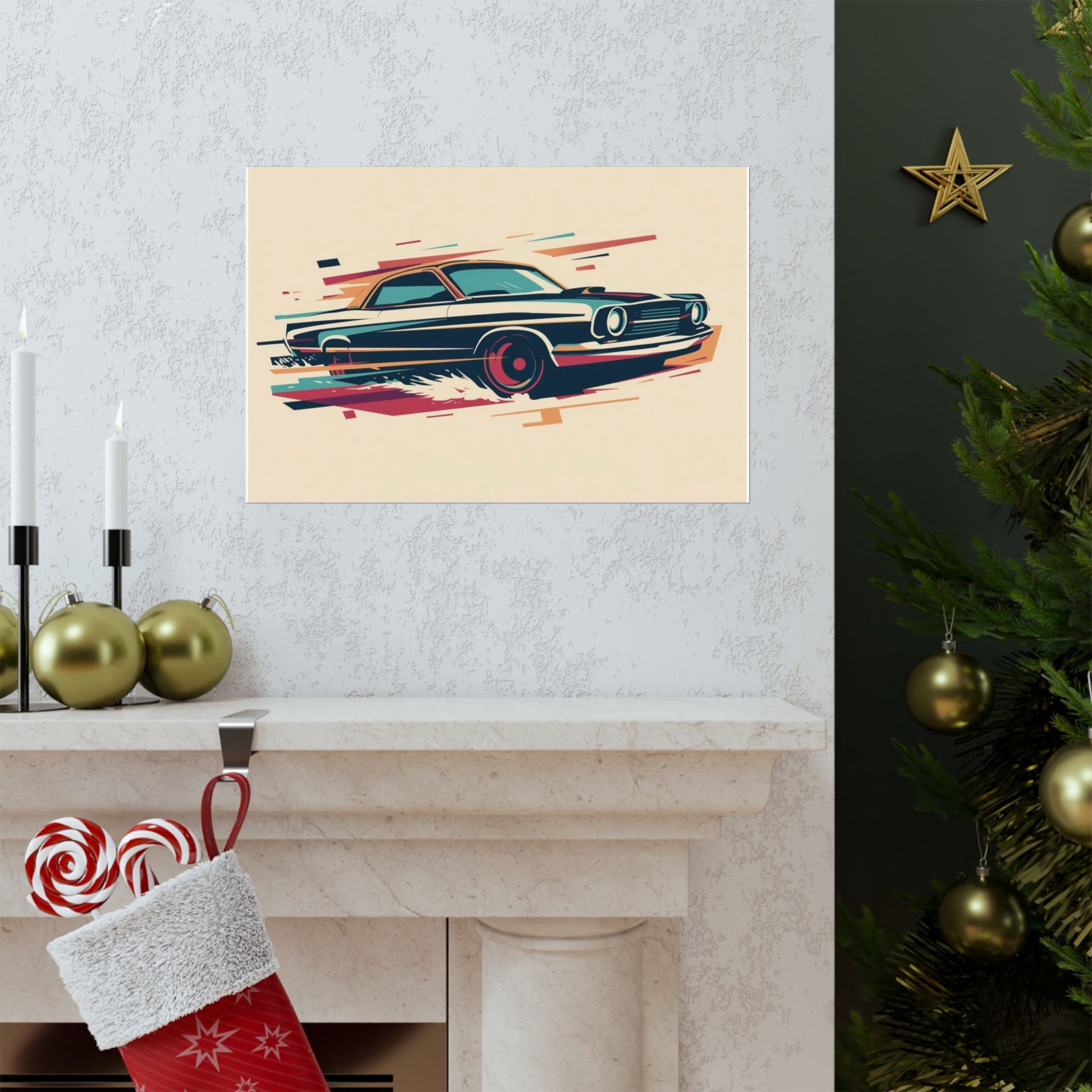 Poster of a classic vintage car on a wall above a fireplace with Christmas decorations.