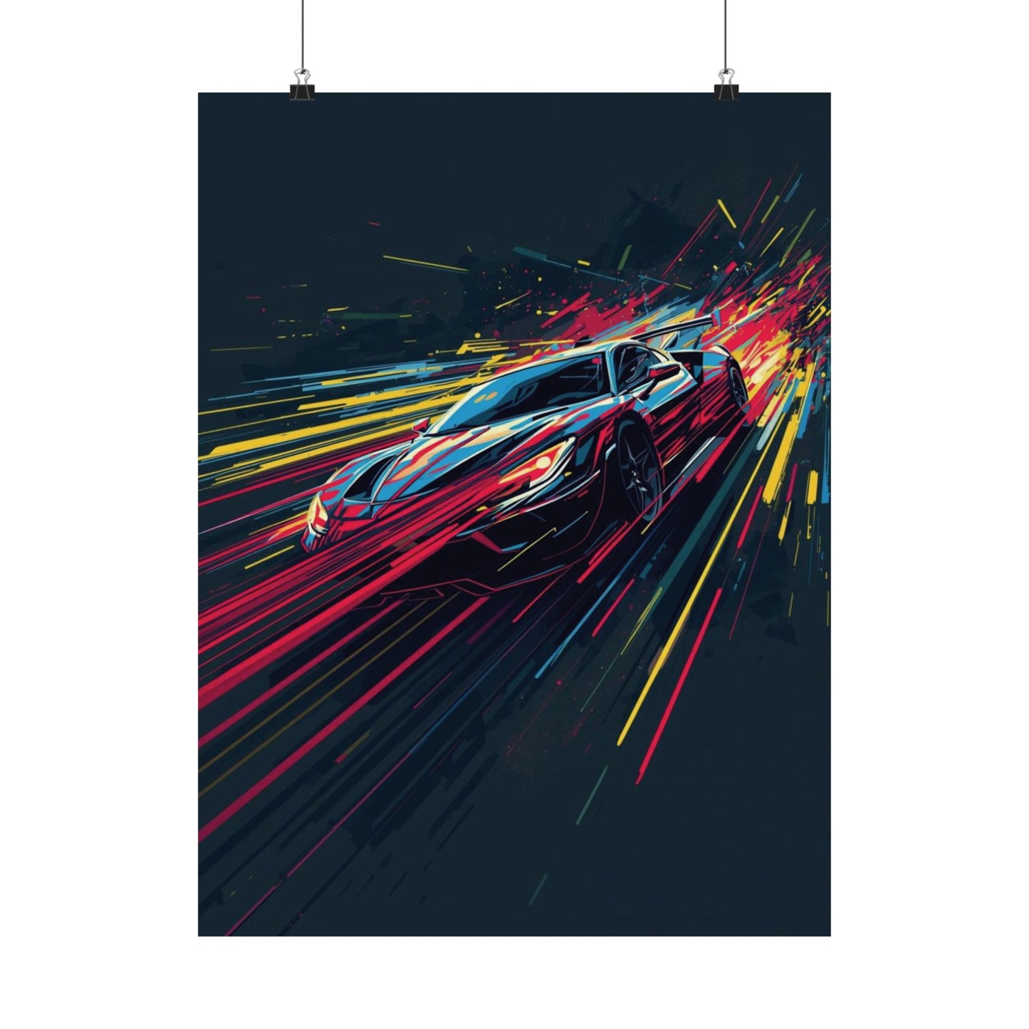 Abstract poster of a racing car on a dark background