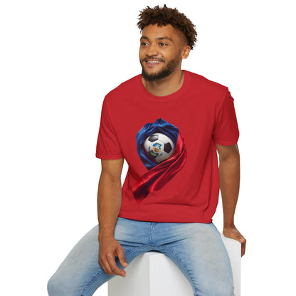 Haitian Soccer Ball T-shirt Enveloped in Flag Fabric with Coat of Arms Tee