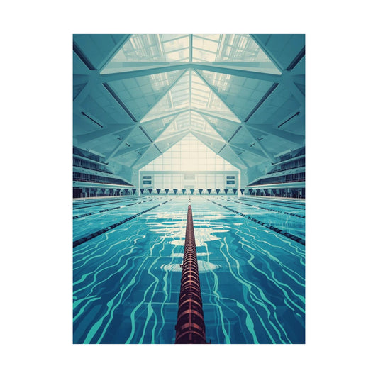 Interior view of a swimming pool with geometric ceiling design