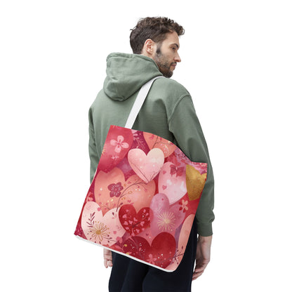 Heart Pattern Tote Bag — Pink Floral Valentine All-Over Print