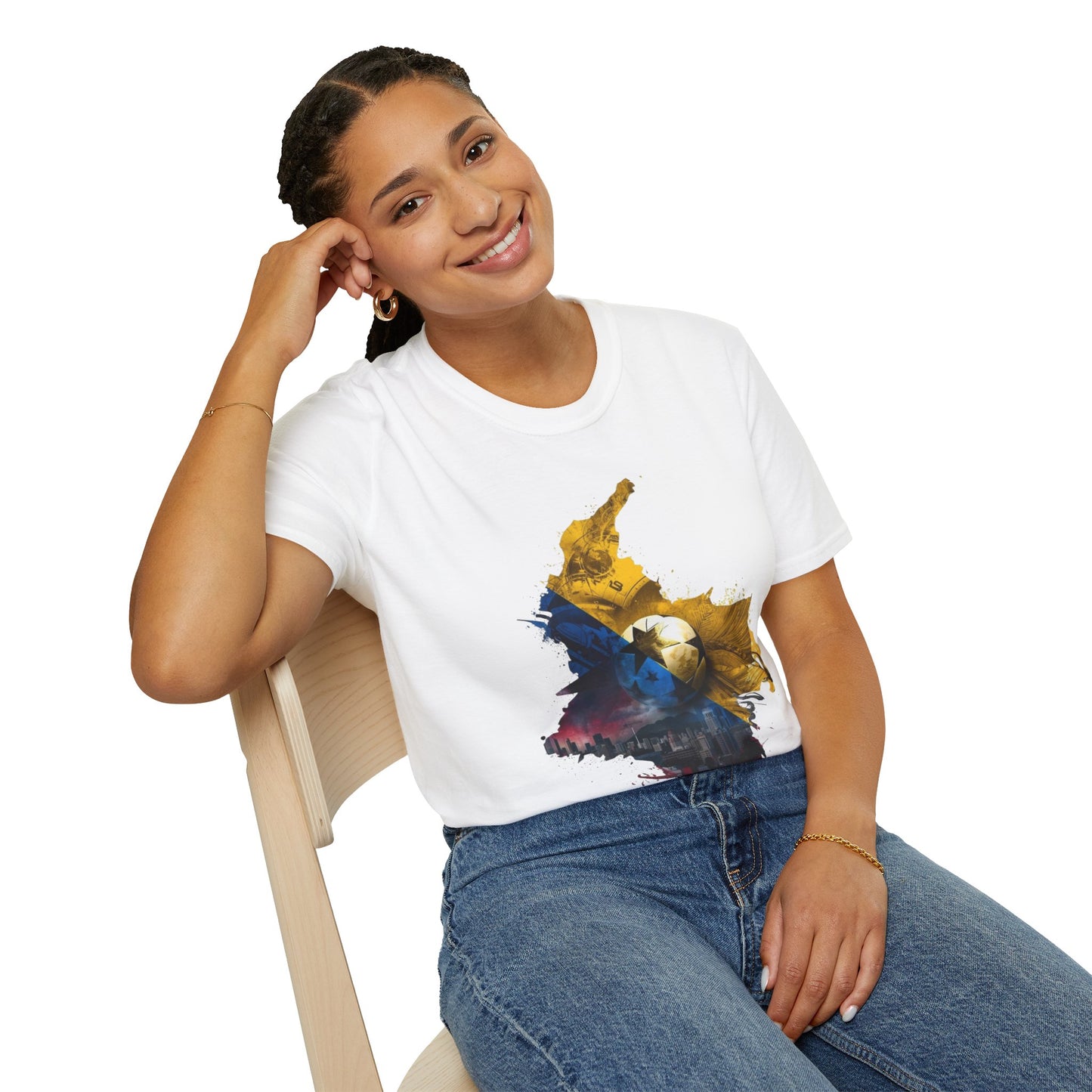 Colombia Map Skyline Football T-Shirt — Watercolor Grunge Soccer Design Tee