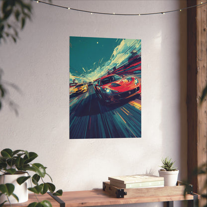 Colorful abstract painting of racing cars on a wall above a wooden shelf with books and plants.