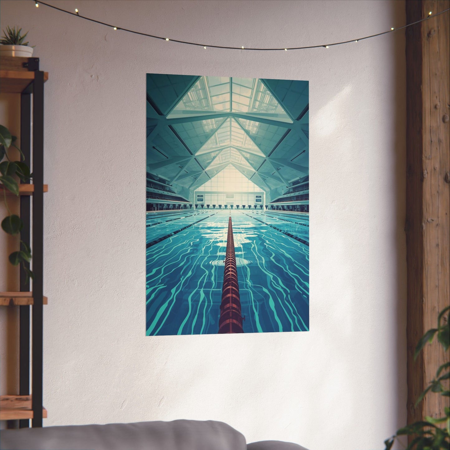Poster of an indoor swimming pool with a modern design on a wall.