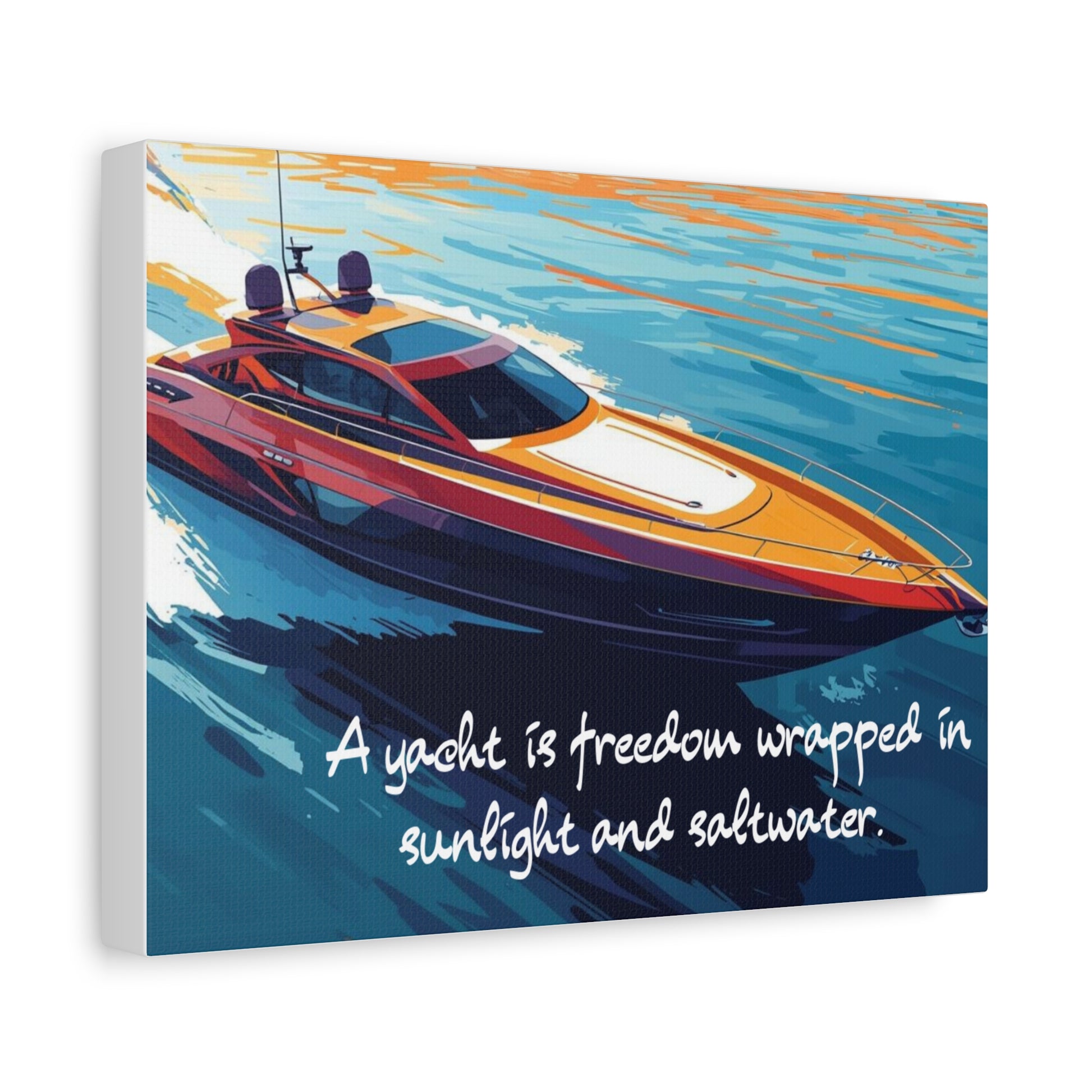 Canvas wall art of a colorful yacht on water with a quote