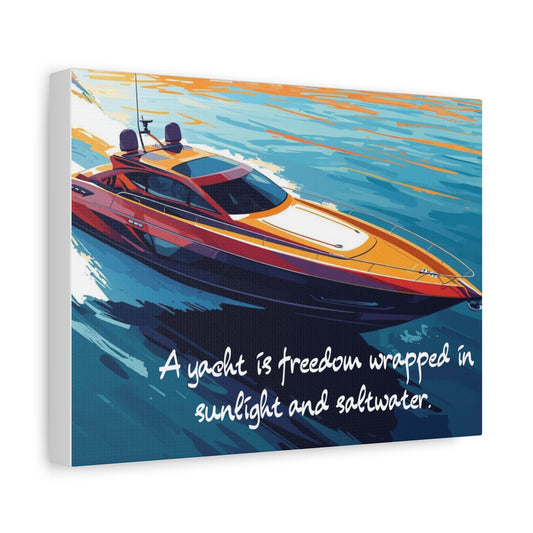 Canvas wall art of a colorful yacht on water with a quote