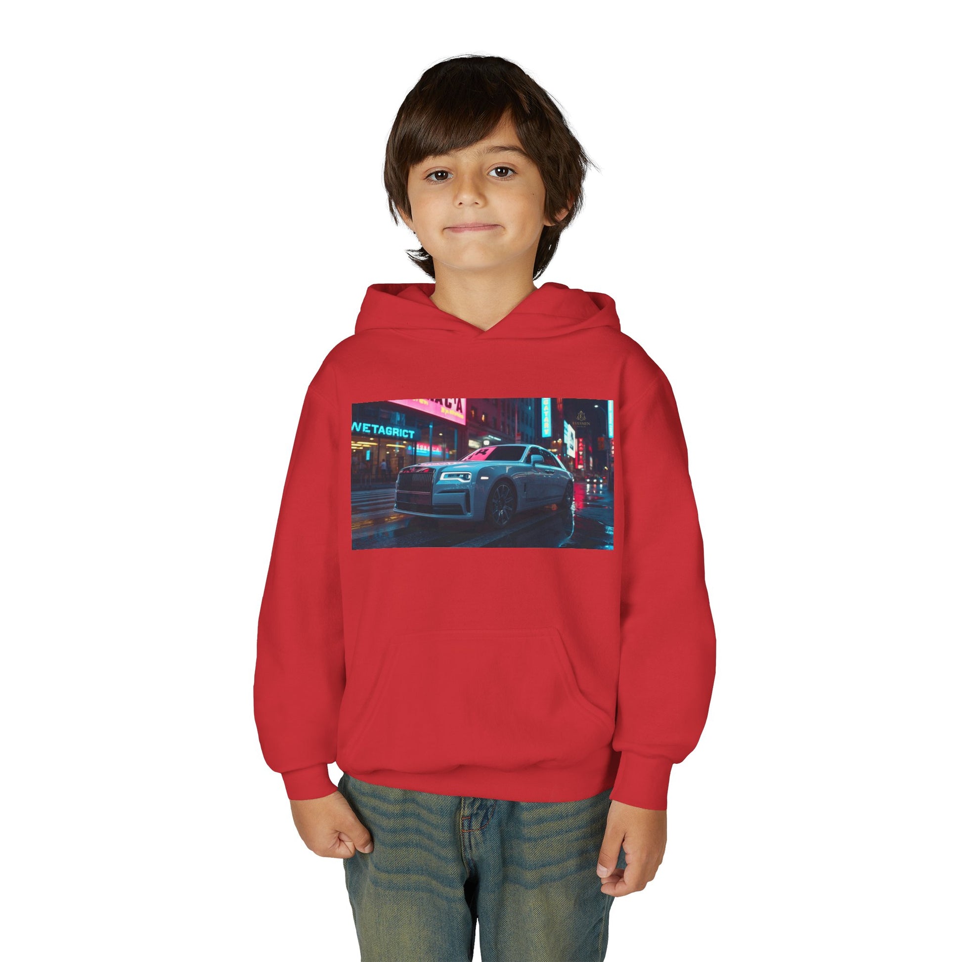 Child wearing a red hoodie with a graphic design on a white background