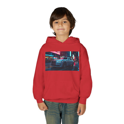 Child wearing a red hoodie with a graphic design on a white background