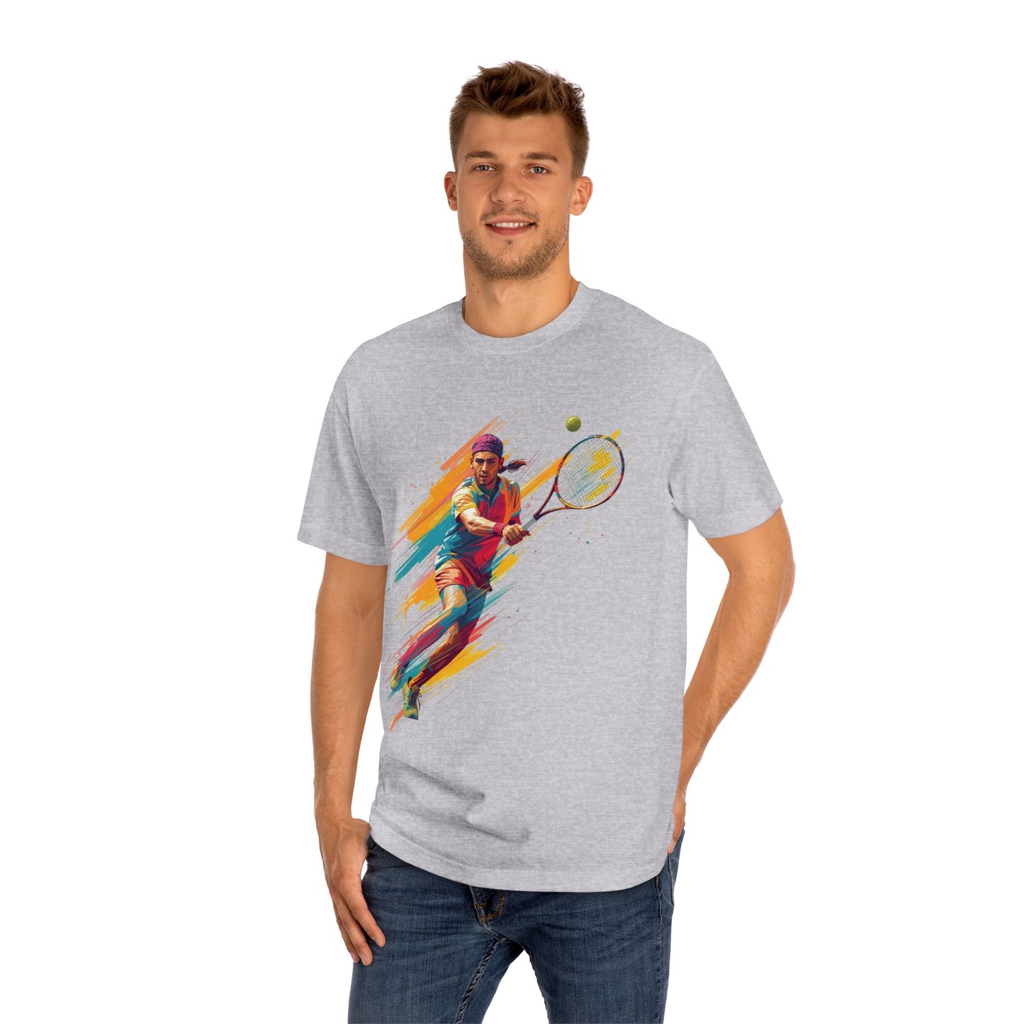 Tennis Player Graphic Tee — Colorful Action Racquet Design Shirt