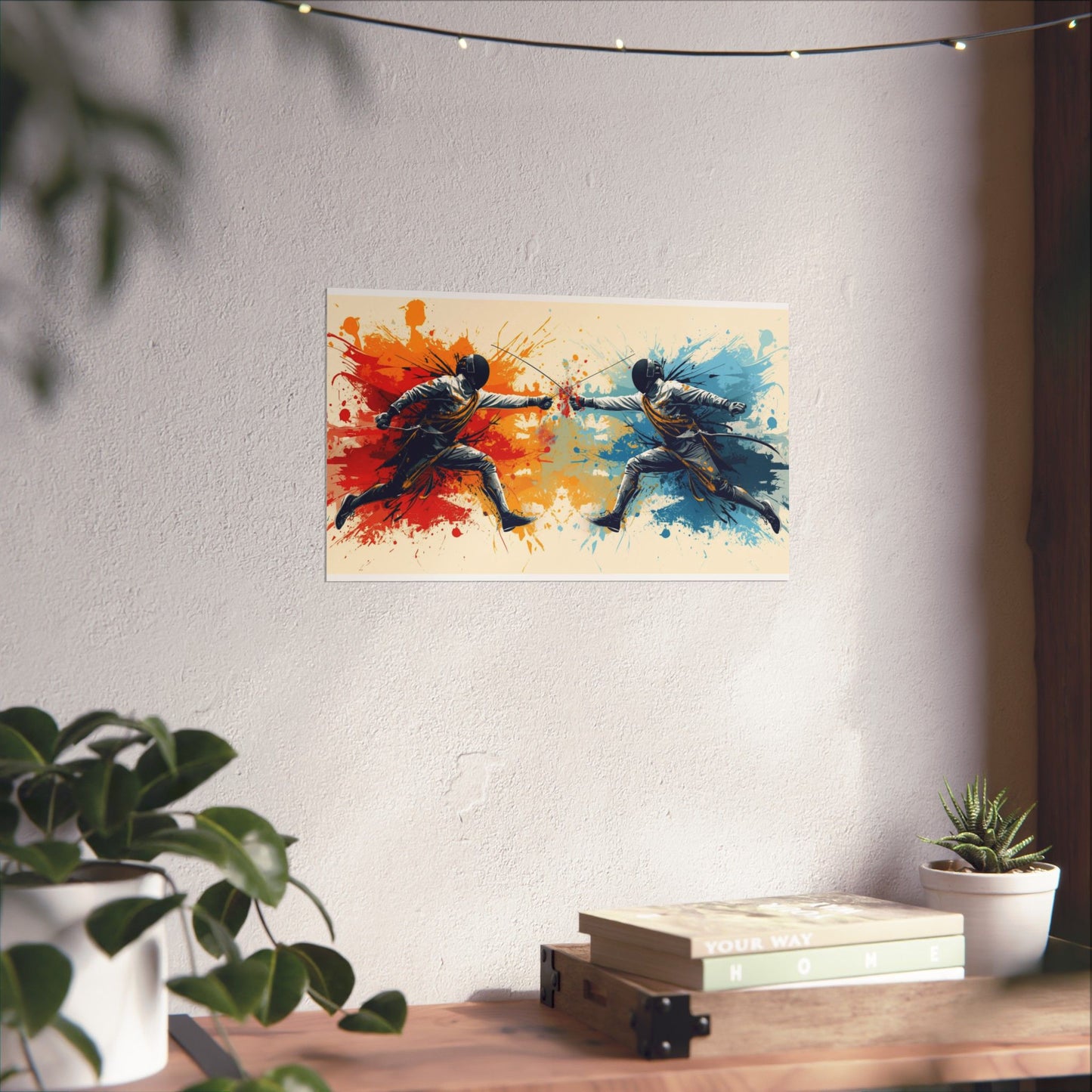 Colorful abstract painting of two figures on a wall above a wooden table with plants.