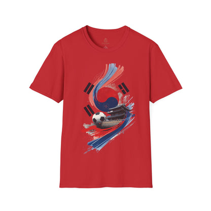 South Korea Flag Soccer T-Shirt — Taeguk & Hanok Brushstroke Design Tee