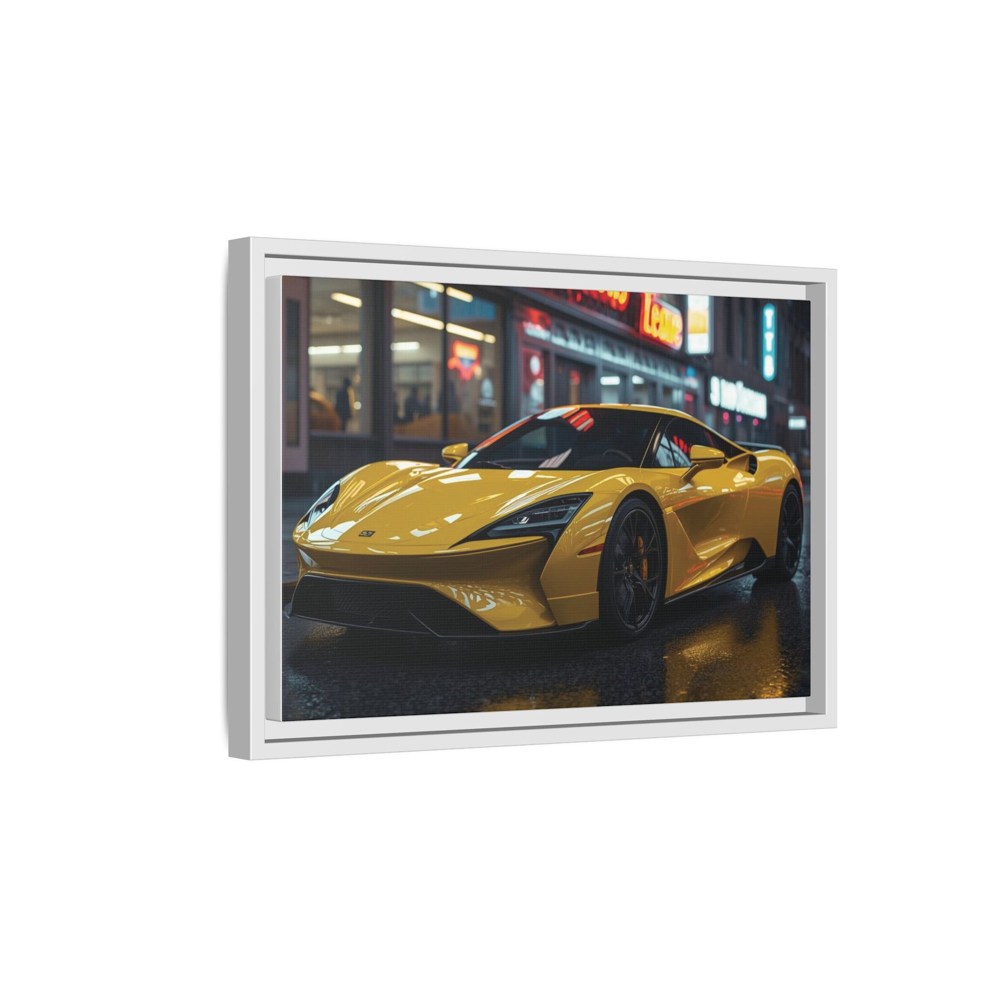 Yellow sports car on a digital display with a white frame