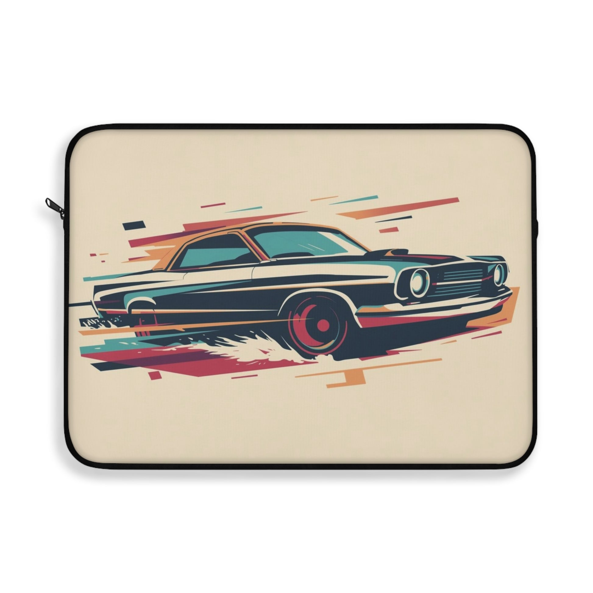 Laptop sleeve with a vintage car design on a beige background
