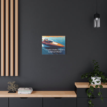 Yacht canvas wall art on a dark wall with wooden shelves and decor.