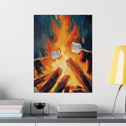 Framed artwork of marshmallows roasting over a campfire on a wall above a shelf.