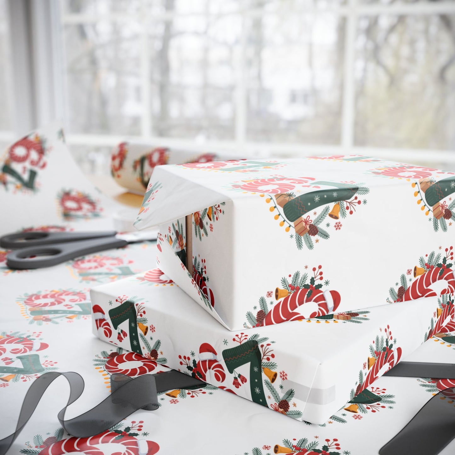 Gift box wrapped in festive paper with candy cane design, scissors on a matching surface.