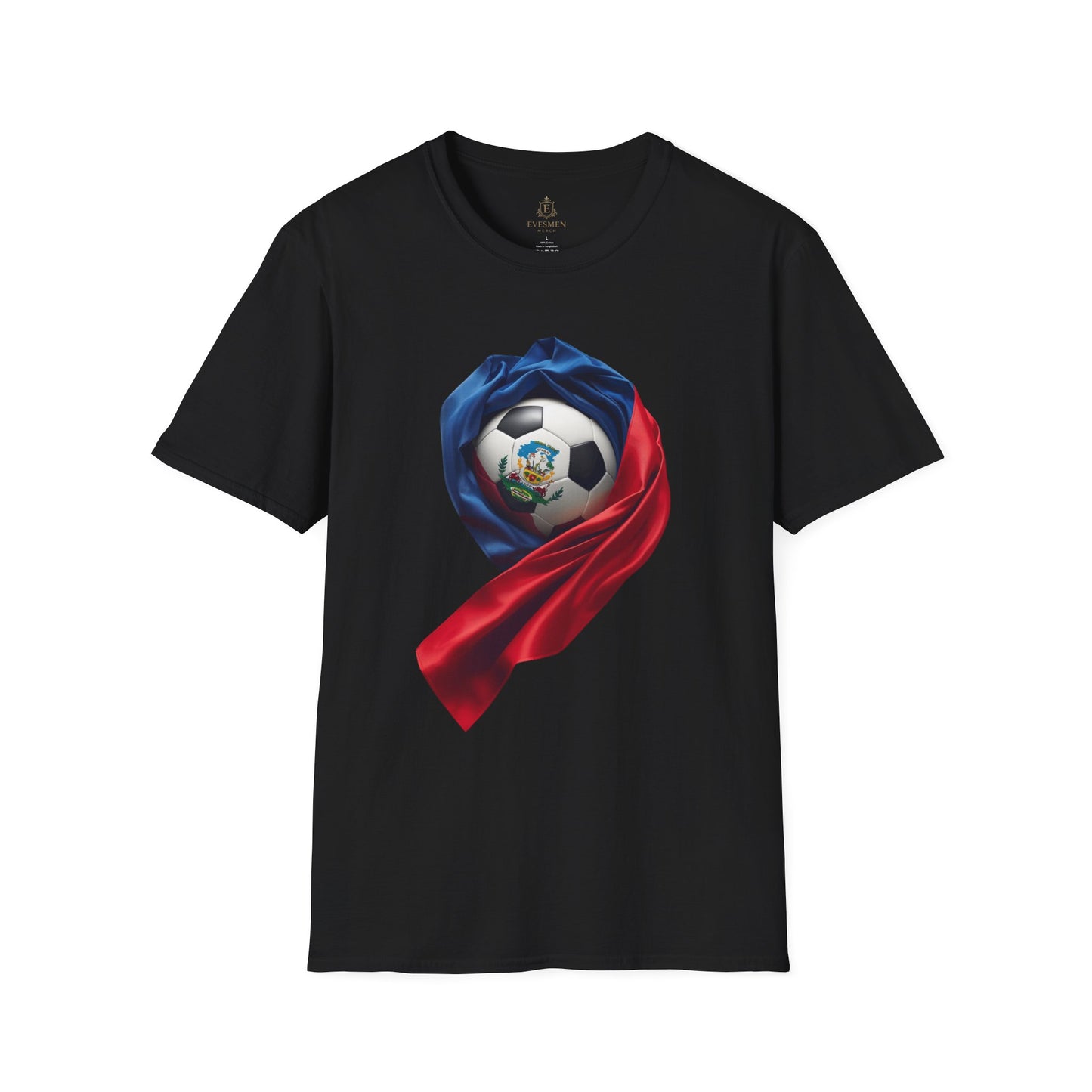 Haitian Soccer Ball T-shirt Enveloped in Flag Fabric with Coat of Arms Tee