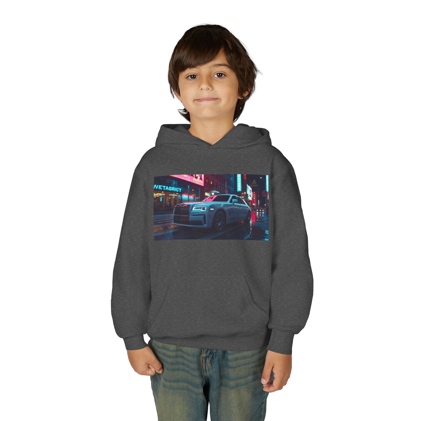 Child wearing a dark gray hoodie with a graphic design on a white background