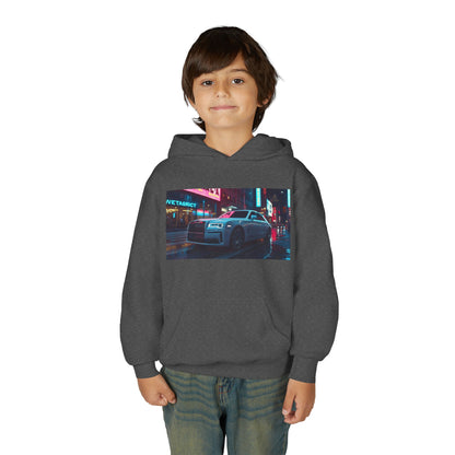 Child wearing a dark gray hoodie with a graphic design on a white background